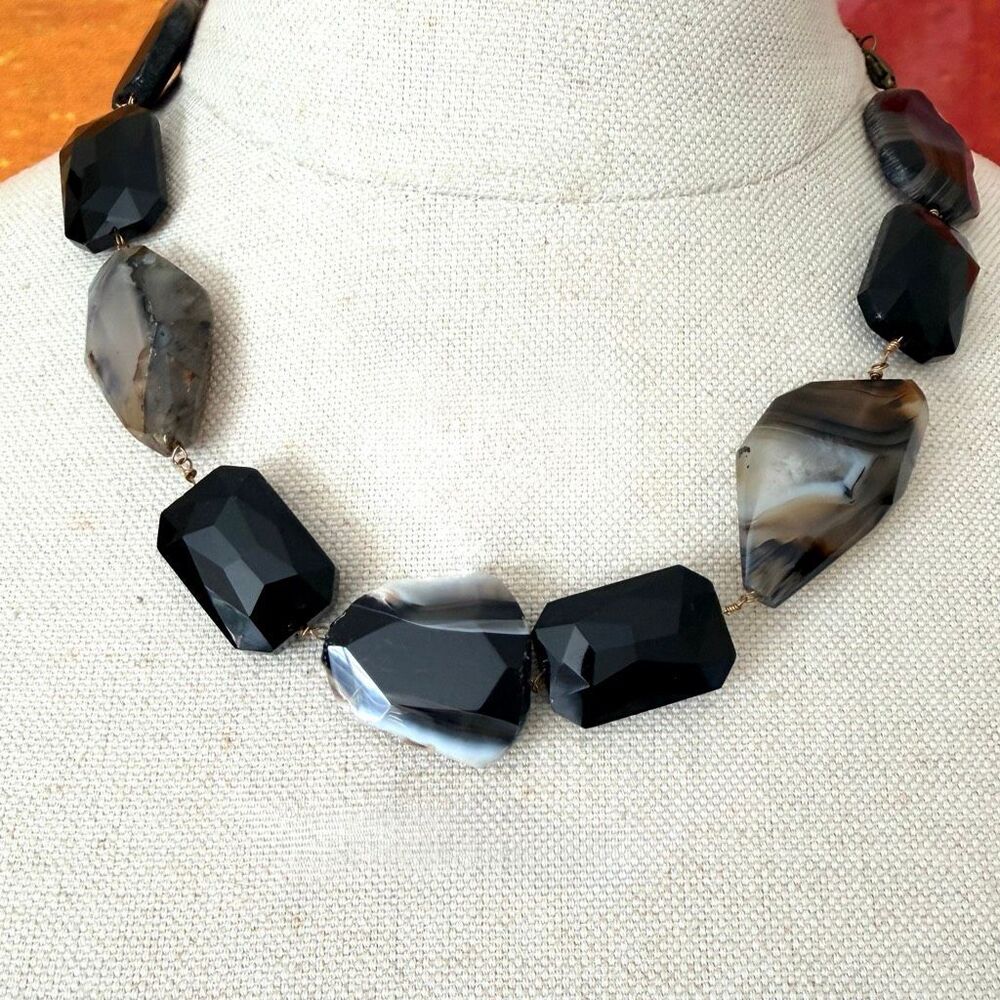 Banded Agate & Faceted Black Stone Statement Necklace Artisan Style